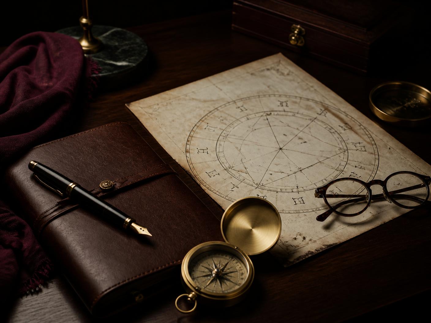 An elegant workspace with a birth chart and a compass representing career decisions